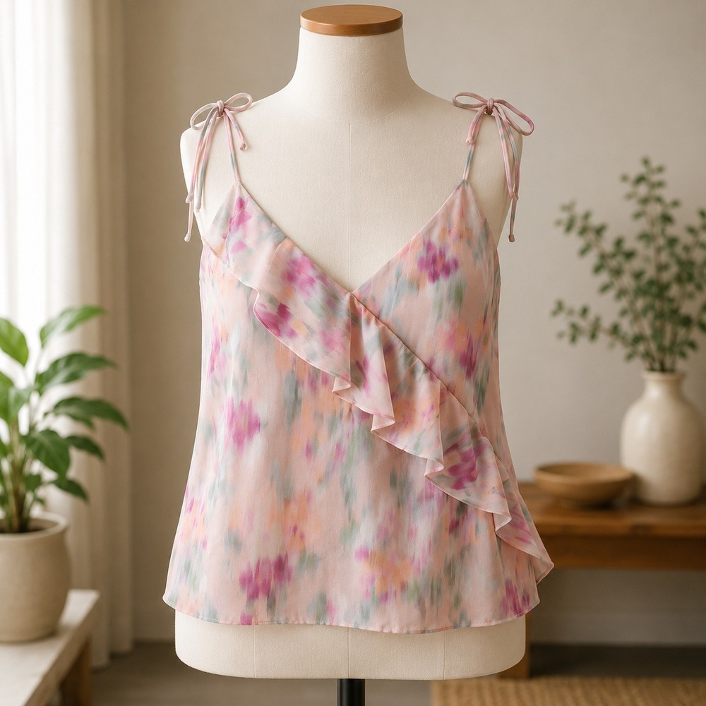 NWT Steve Madden Cami Top‎ Womens XL Pink Watercolor Ruffle Tie Shoulder Tank
